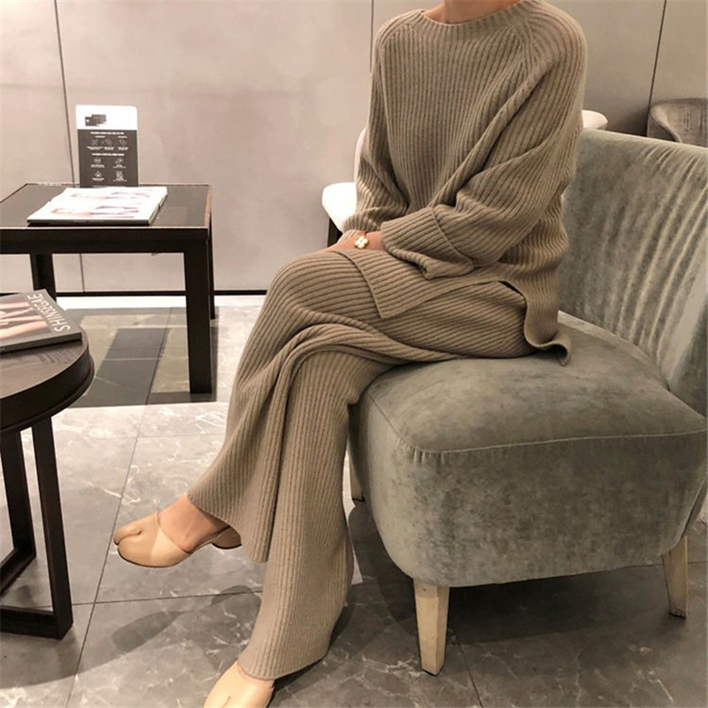 パンツセットアップ ニット上下セット ワイドパンツ レディース 体型カバー 秋冬