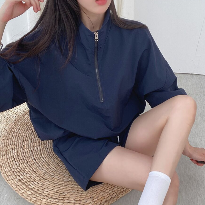 パンツセットアップ 無地ゆるジップトップス×ショートパンツ二点セット
