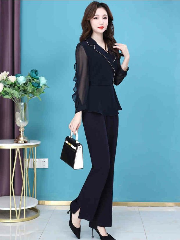 パンツセットアップ シフォン袖エレガント二重襟パンツセットアップ