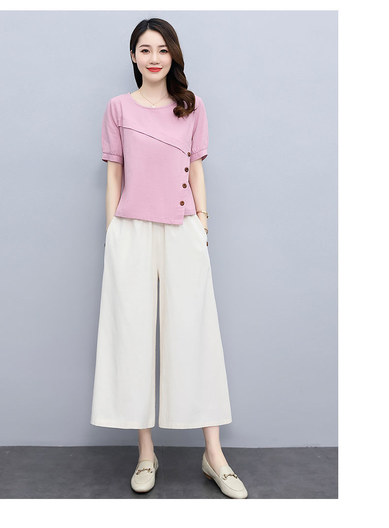 パンツセットアップ 斜めボタン装飾ワイドパンツセット