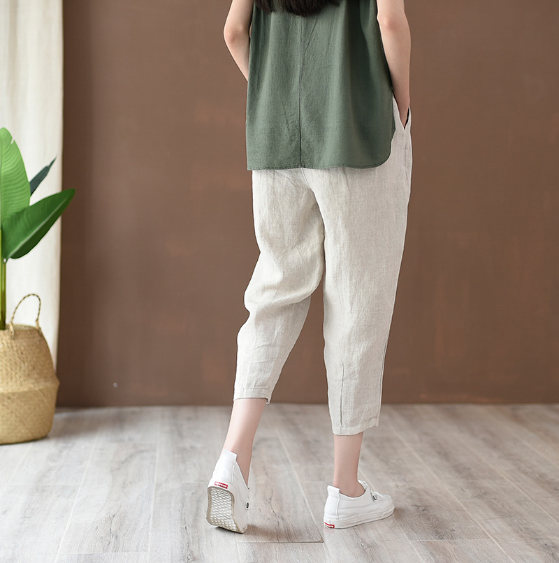 パンツセットアップ リネン素材のゆったりクロップドパンツ