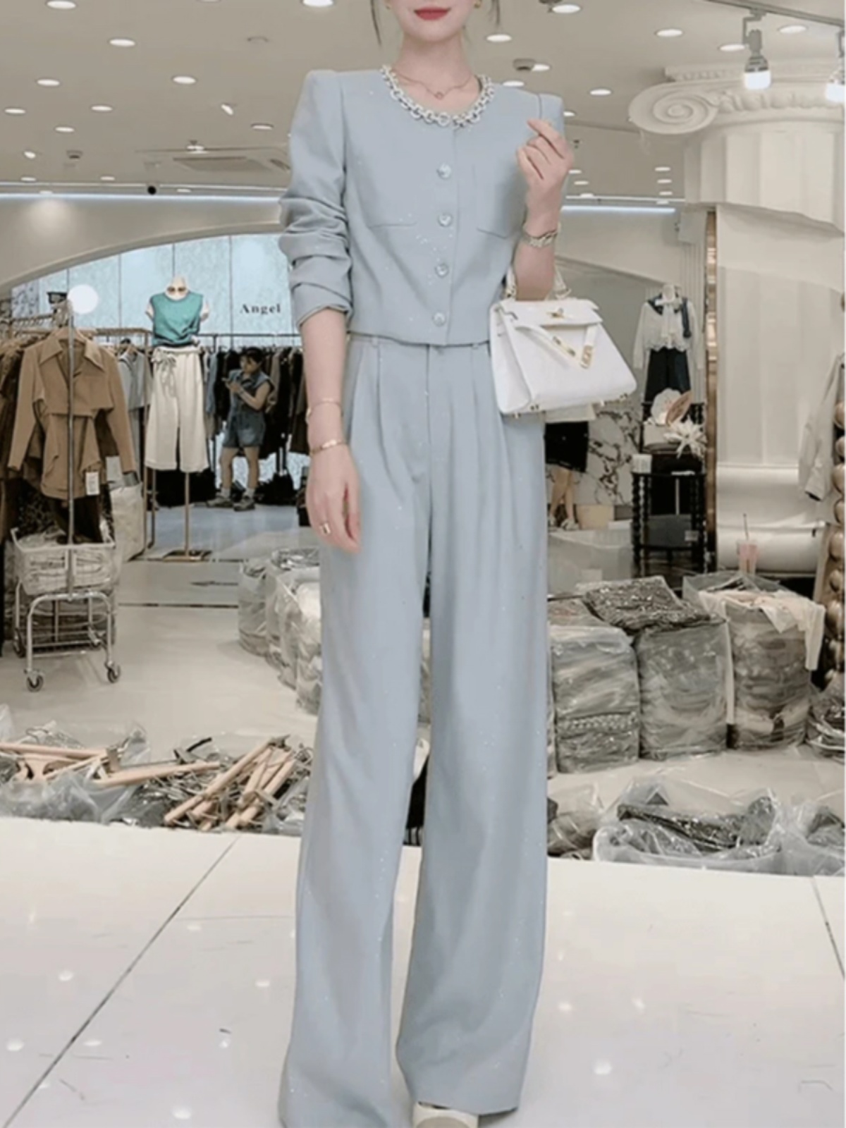 パンツセットアップ 上品ノーカラージャケットワイドパンツセット