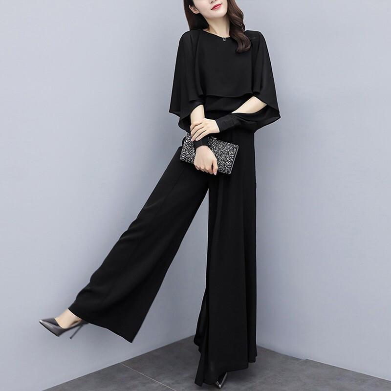 パンツセットアップ 優雅なケープ風ワイドパンツセット