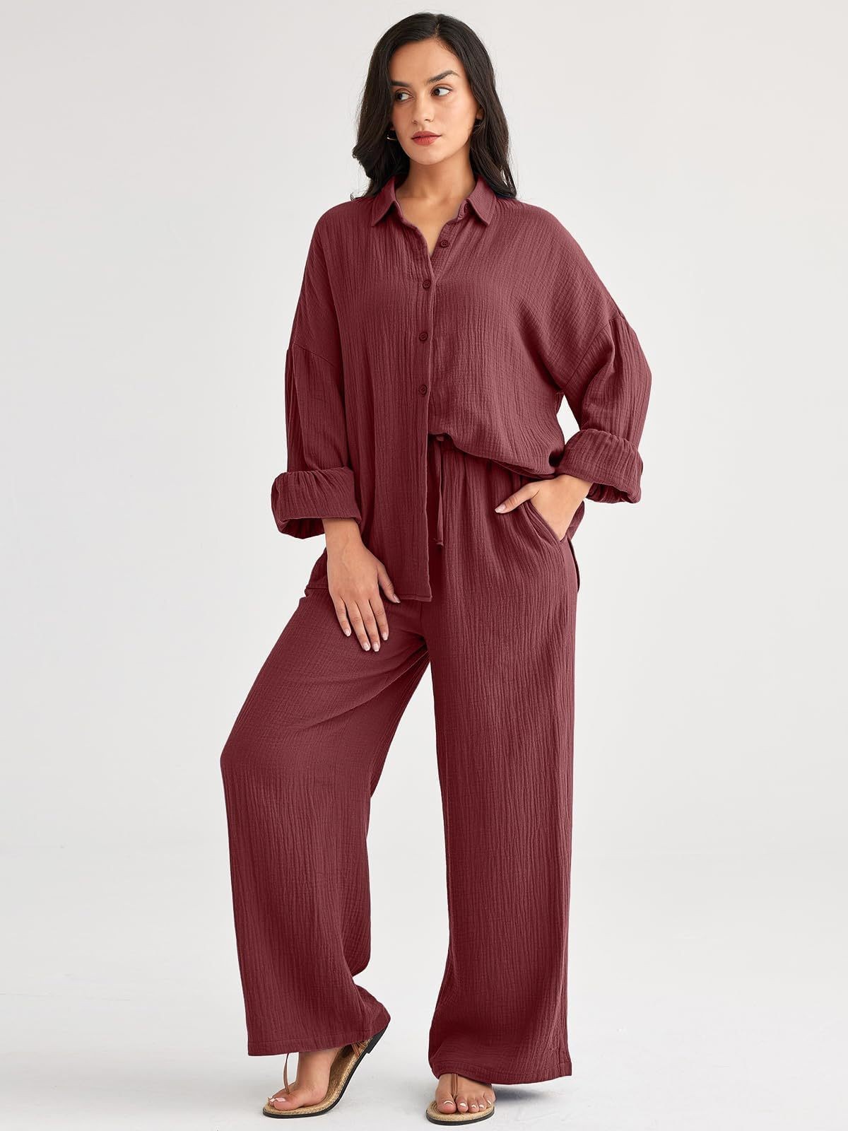 パンツセットアップ しわ加工ゆったりパンツセットアップ