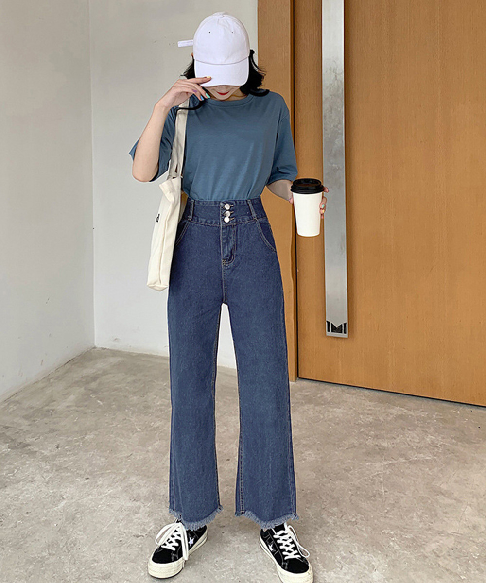 パンツセットアップ ワイドシルエット裾フリンジ九分丈デニムパンツ