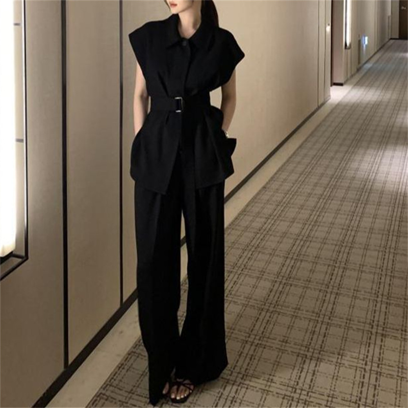 パンツセットアップ 夏用スーツ二点組み半袖上着ワイドパンツ女性用着回し服