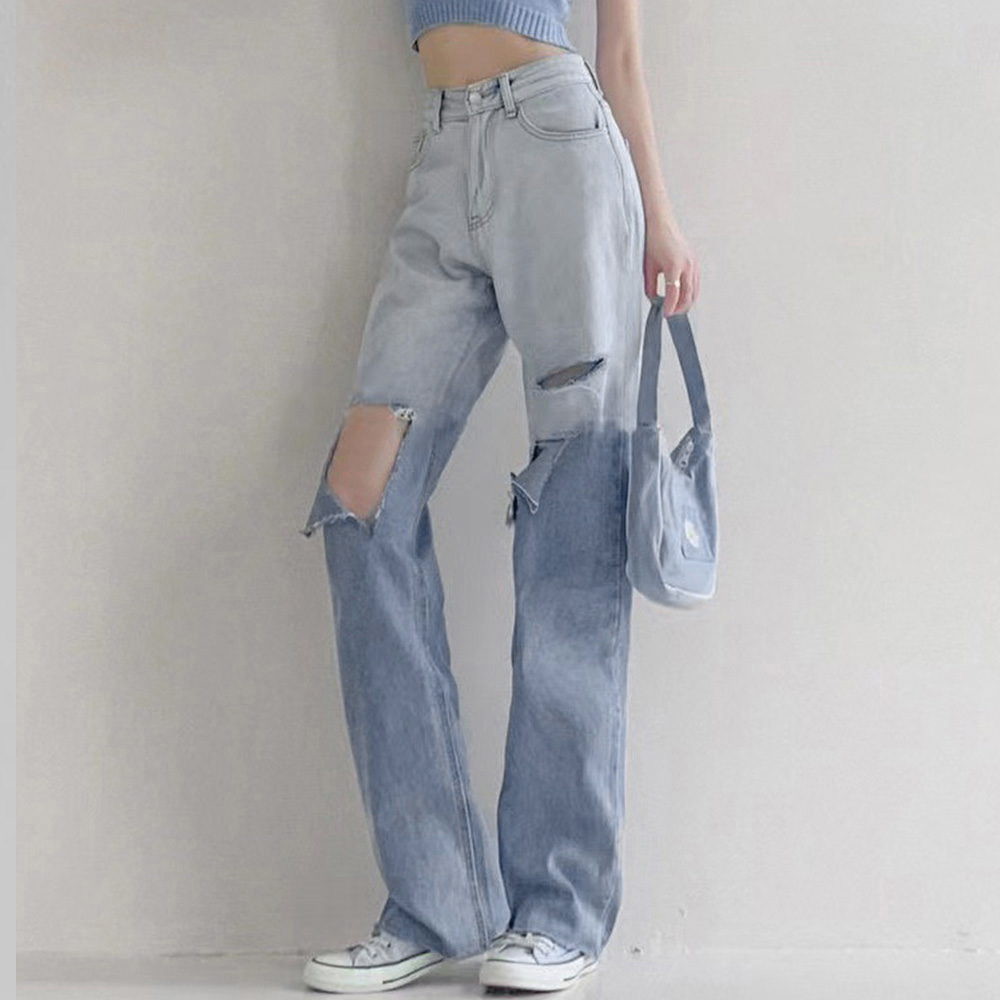 パンツセットアップ ハイウエストダメージワイドデニムパンツ
