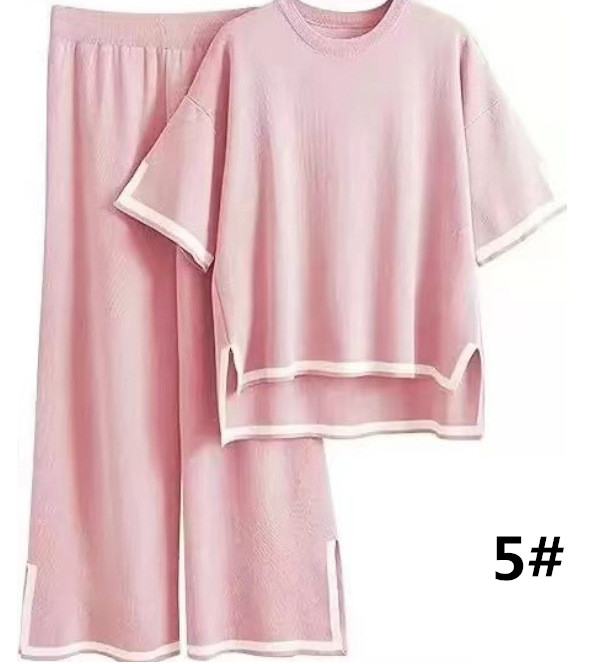 パンツセットアップ ニットセットアップ丸首トップスワイドパンツ上下セット