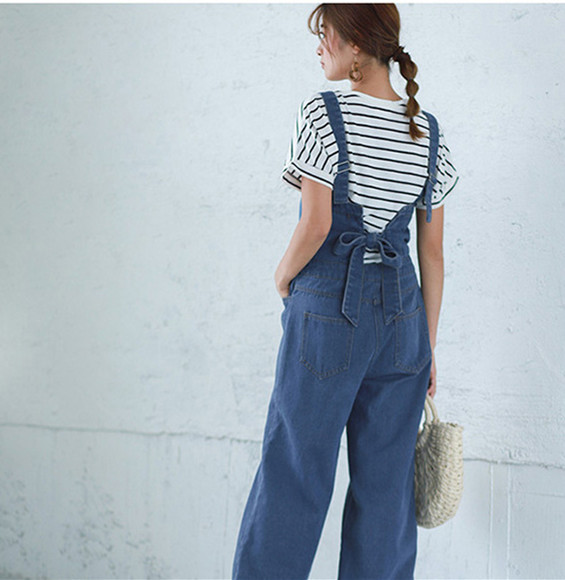 パンツセットアップ 春新作 バックリボン ワイドパンツ デニム サロペット