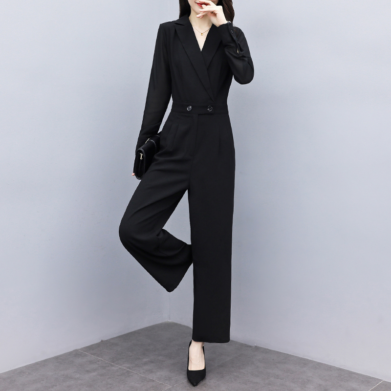 パンツセットアップ 二重ボタンテーラード襟長袖つなぎ風パンツスーツ