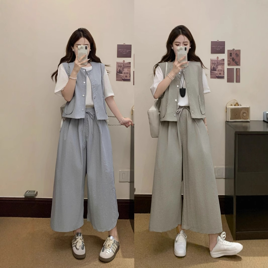 パンツセットアップ ゆったりベスト風ワイドパンツセット