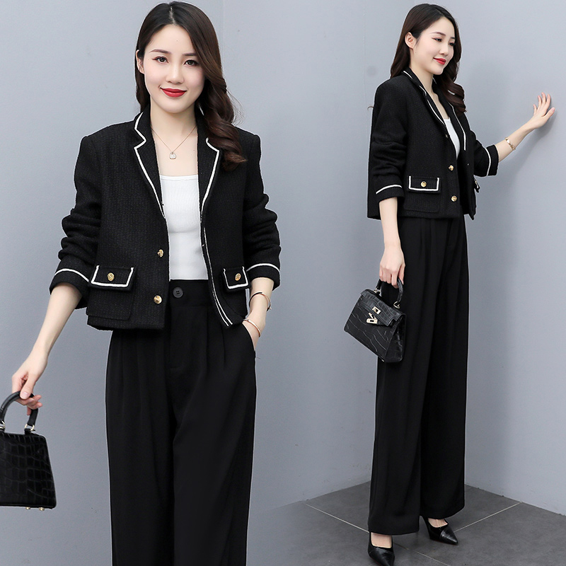 パンツセットアップ 上品な配色パイピングジャケット&ワイドパンツスーツ