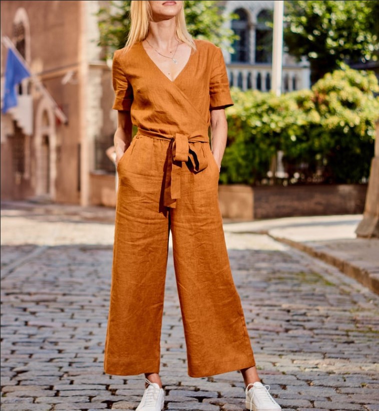 パンツセットアップ カシュクール半袖トップスとワイドパンツセットアップ