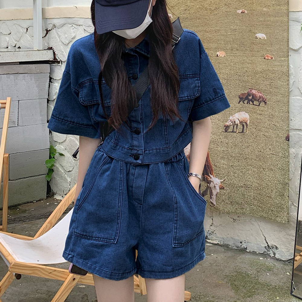 パンツセットアップ デニム半袖ジャケット ワイドショートパンツ 上下セット