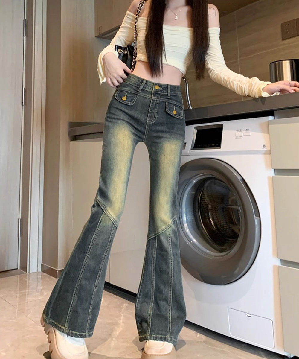 パンツセットアップ 復古風ワイドフレアデニムパンツ女性用