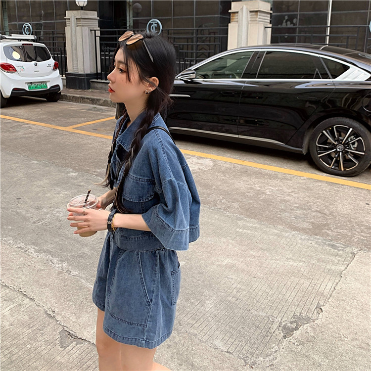 パンツセットアップ デニム風ゆったりショートパンツセット