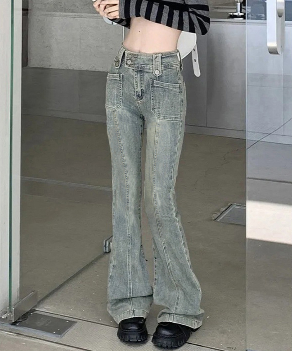 パンツセットアップ ワイドフレアデニムパンツ 古着風加工