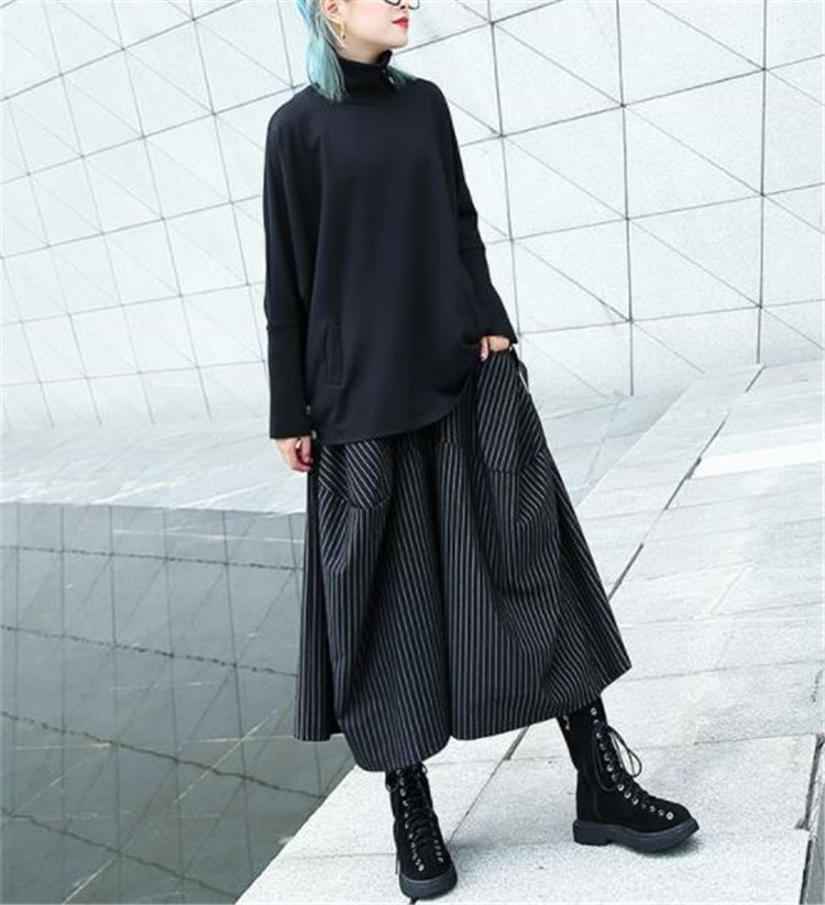 パンツセットアップ 春秋対応ハイウエストしま模様ワイド七分丈キュロット