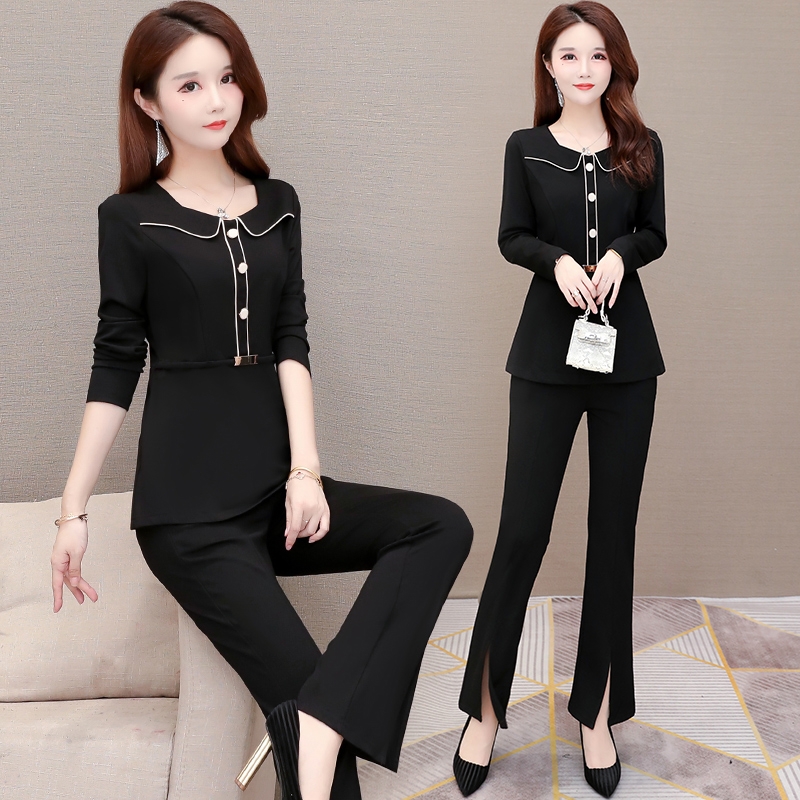 パンツセットアップ 丸襟パイピングトップス＆フレアパンツの上品セット