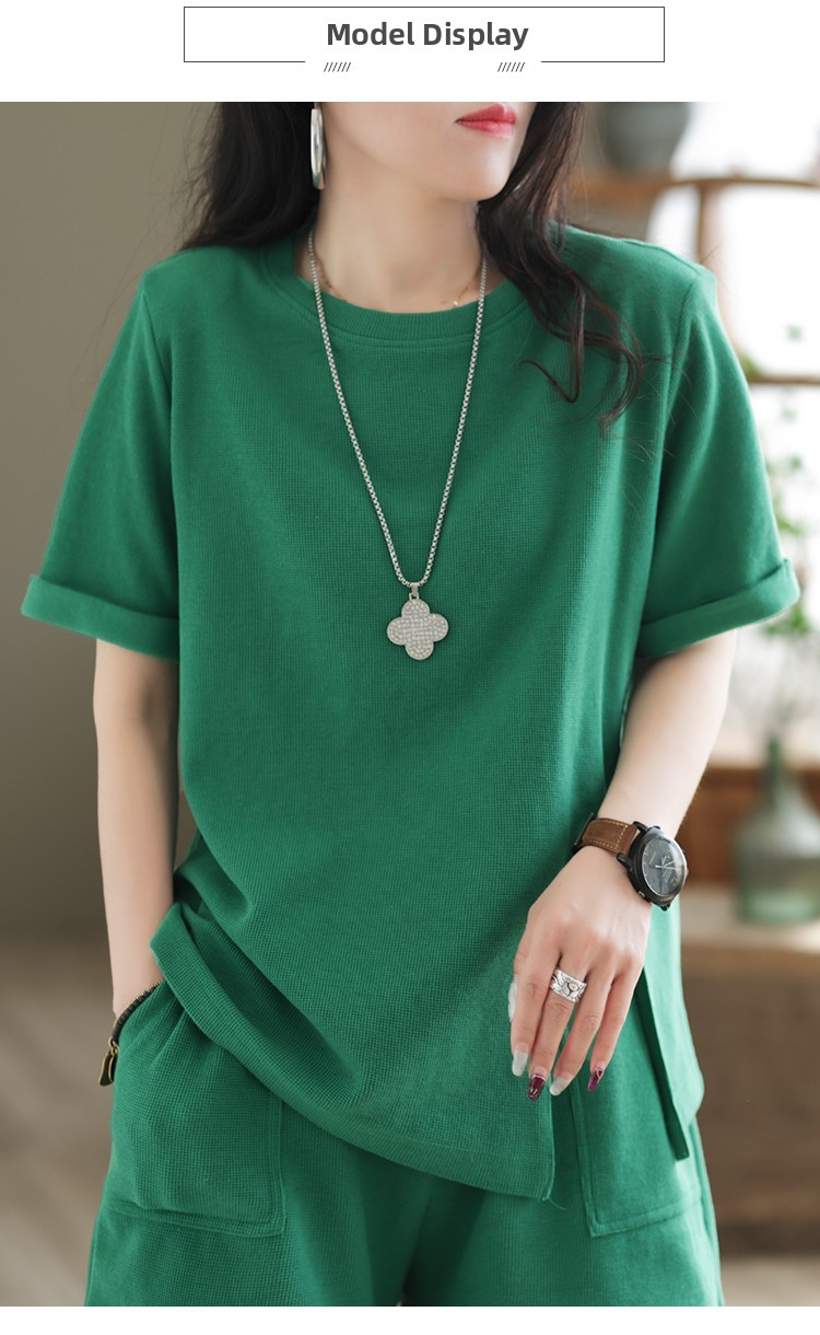 パンツセットアップ リブ編み半袖上下セット楽ちんルームウェア