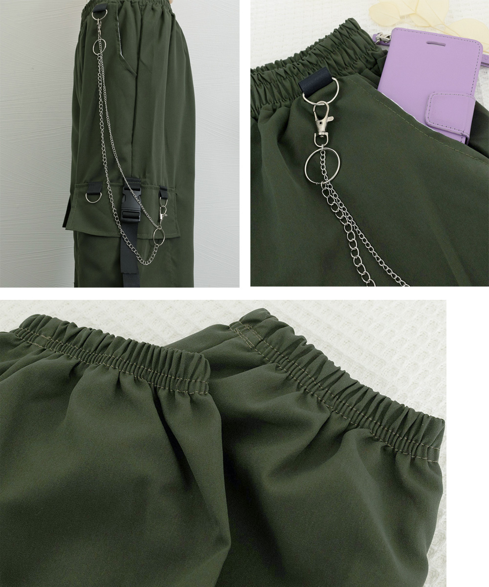 パンツセットアップ ワイド カーゴパンツ チェーン付き ゴム紐 ボトムス