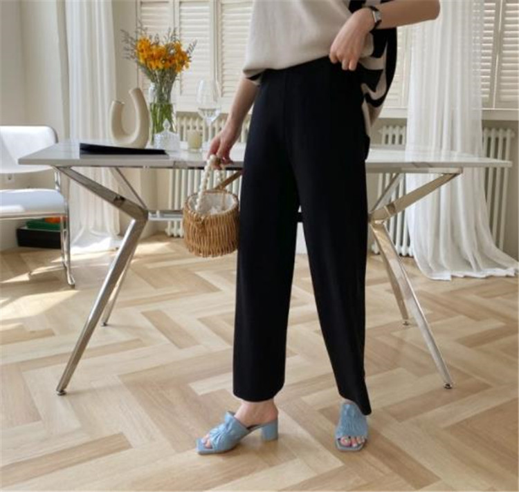 パンツセットアップ 韓国風ボーダー編みニットベスト×ワイドパンツ上下セット