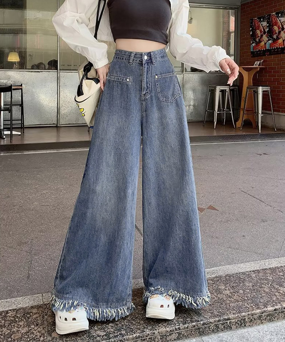 パンツセットアップ ワイド裾フリンジデニムパンツ 美脚