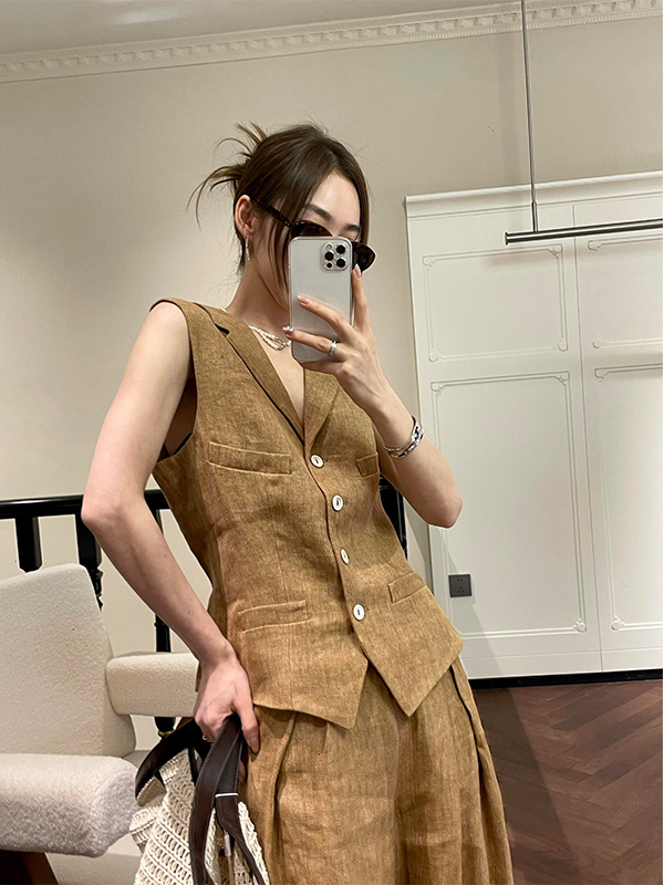 パンツセットアップ ワイド 上質麻混ノースリーブパンツセット
