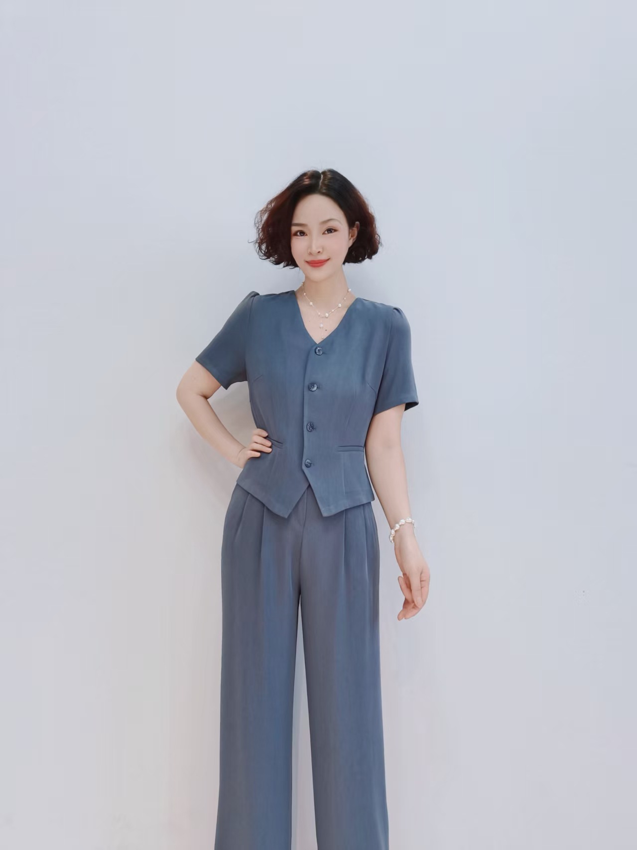 パンツセットアップ 上品半袖ベストワイドパンツセット