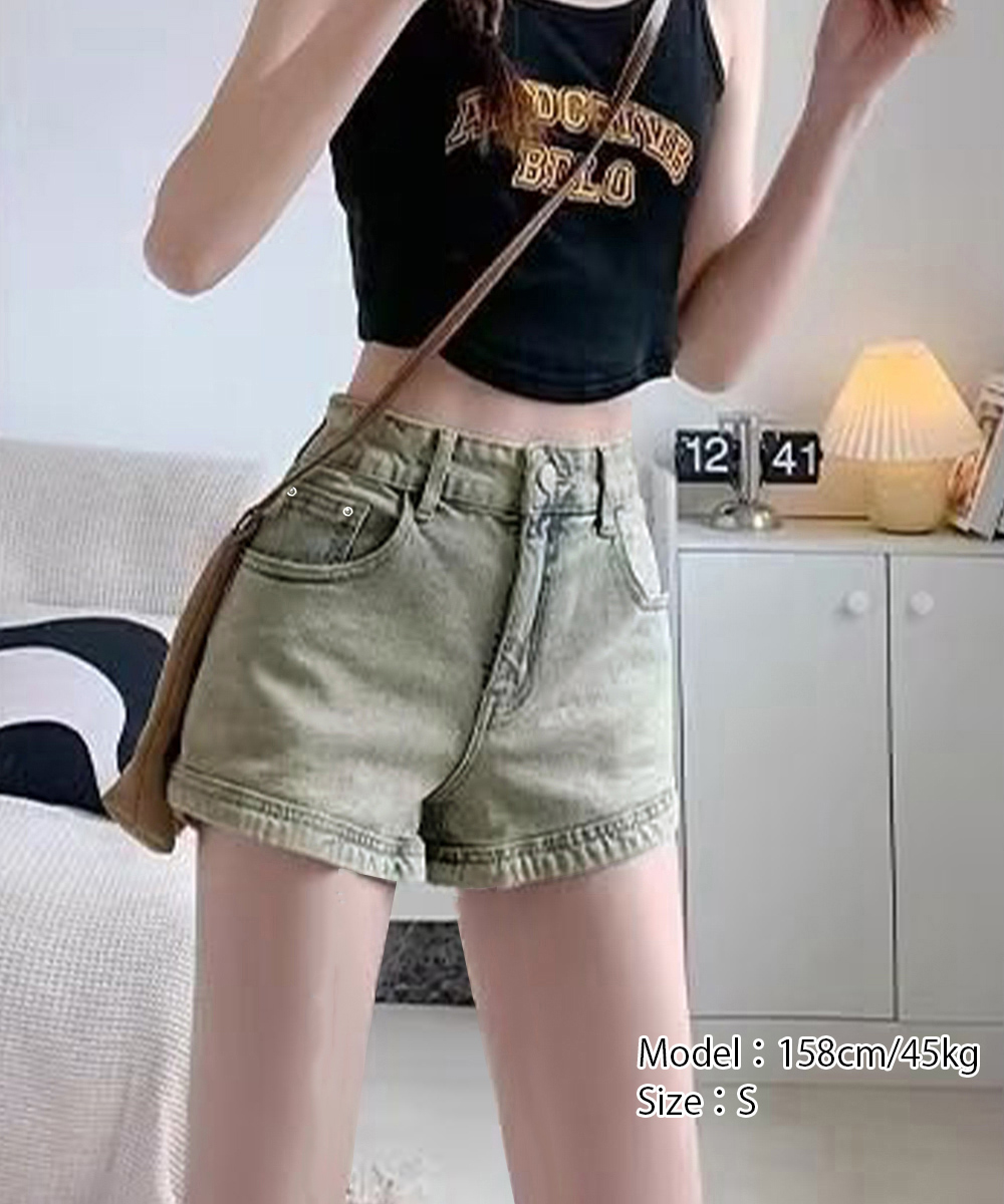 パンツセットアップ レディース復古風ウォッシュデニムショートパンツ