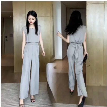 パンツセットアップ 上品シルエット ノースリーブワイドパンツセット