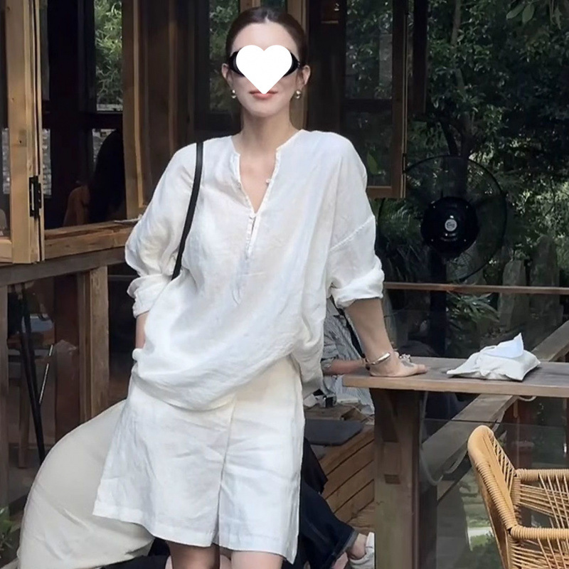 パンツセットアップ 麻混ゆったりワンピースショートパンツ