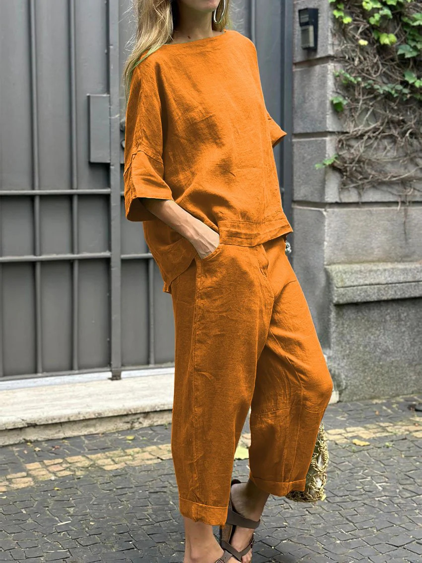 パンツセットアップ リネン風ワイドパンツセットアップ