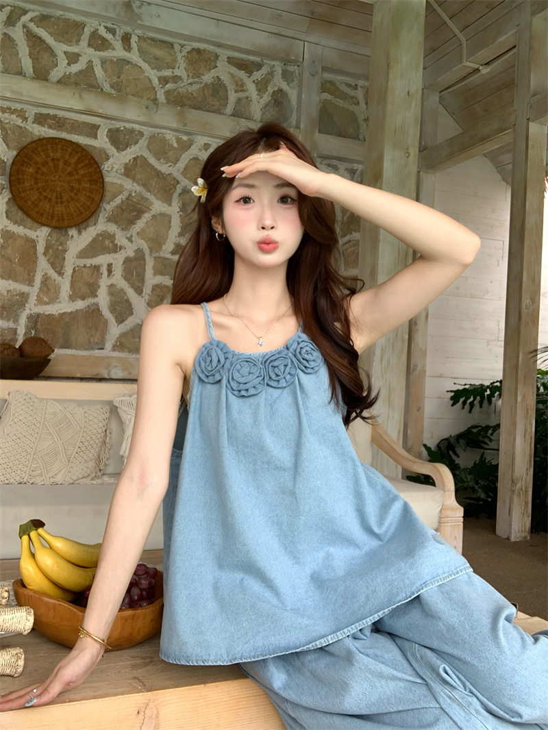 パンツセットアップ 夏新作韓国風花飾りキャミソール×ワイドパンツセット