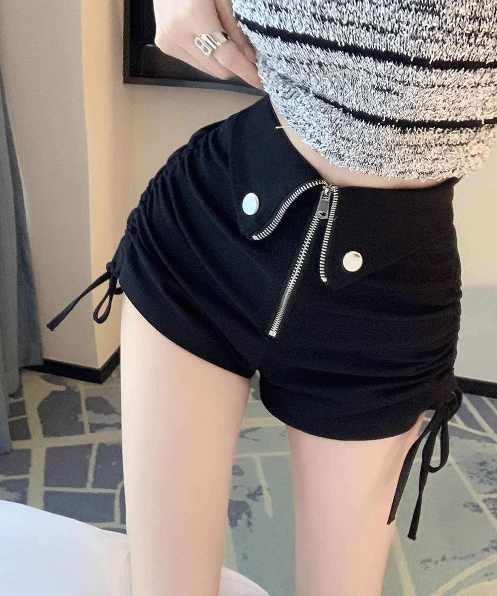 パンツセットアップ ショートパンツ 前ジップサイド紐調整美脚