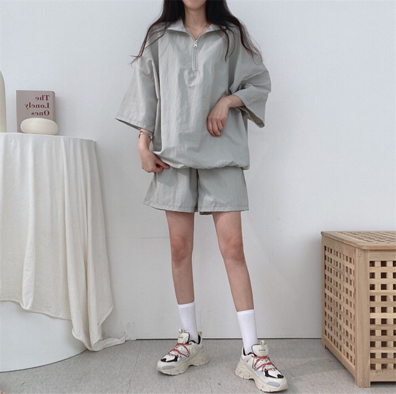 パンツセットアップ 無地ゆるジップトップス×ショートパンツ二点セット