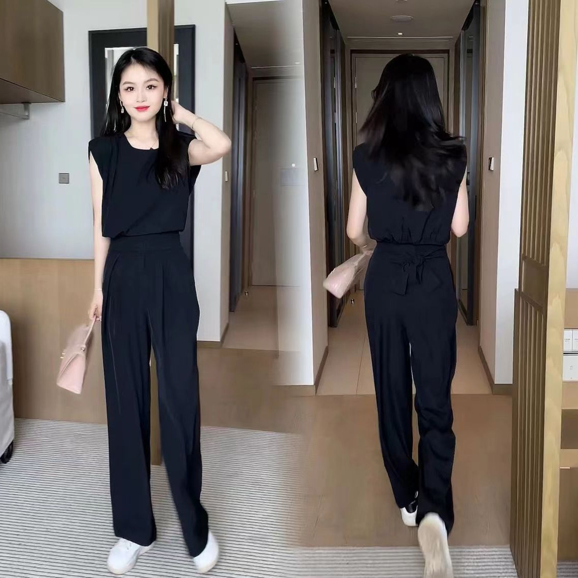 パンツセットアップ ノースリーブ リボンベルト ワイドパンツ