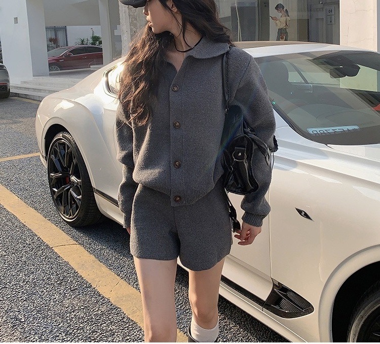 パンツセットアップ ニット素材襟付きジャケット×ショート二点セット