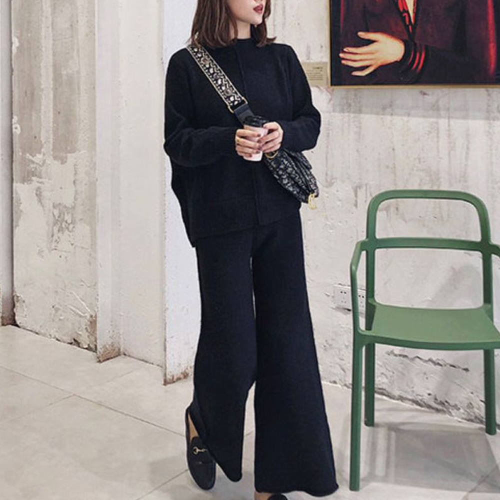 ニットワイドパンツセットアップ レディース ゆったり秋冬長袖無地