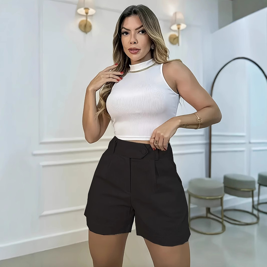 パンツセットアップ 大人可愛いベルト付きハイウエストショートパンツ