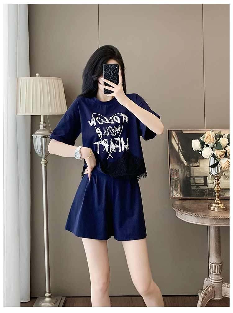 パンツセットアップ レースフリル裾ロゴデザイン上下セット