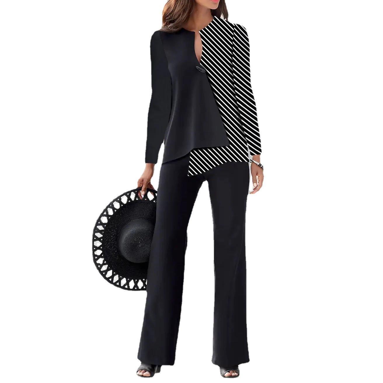 パンツセットアップ 配色切替デザインブラウスとワイドパンツセットアップ