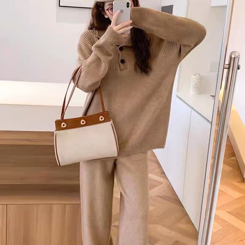 パンツセットアップ 秋冬ニットワイドパンツ上下セット体型カバーゆったり