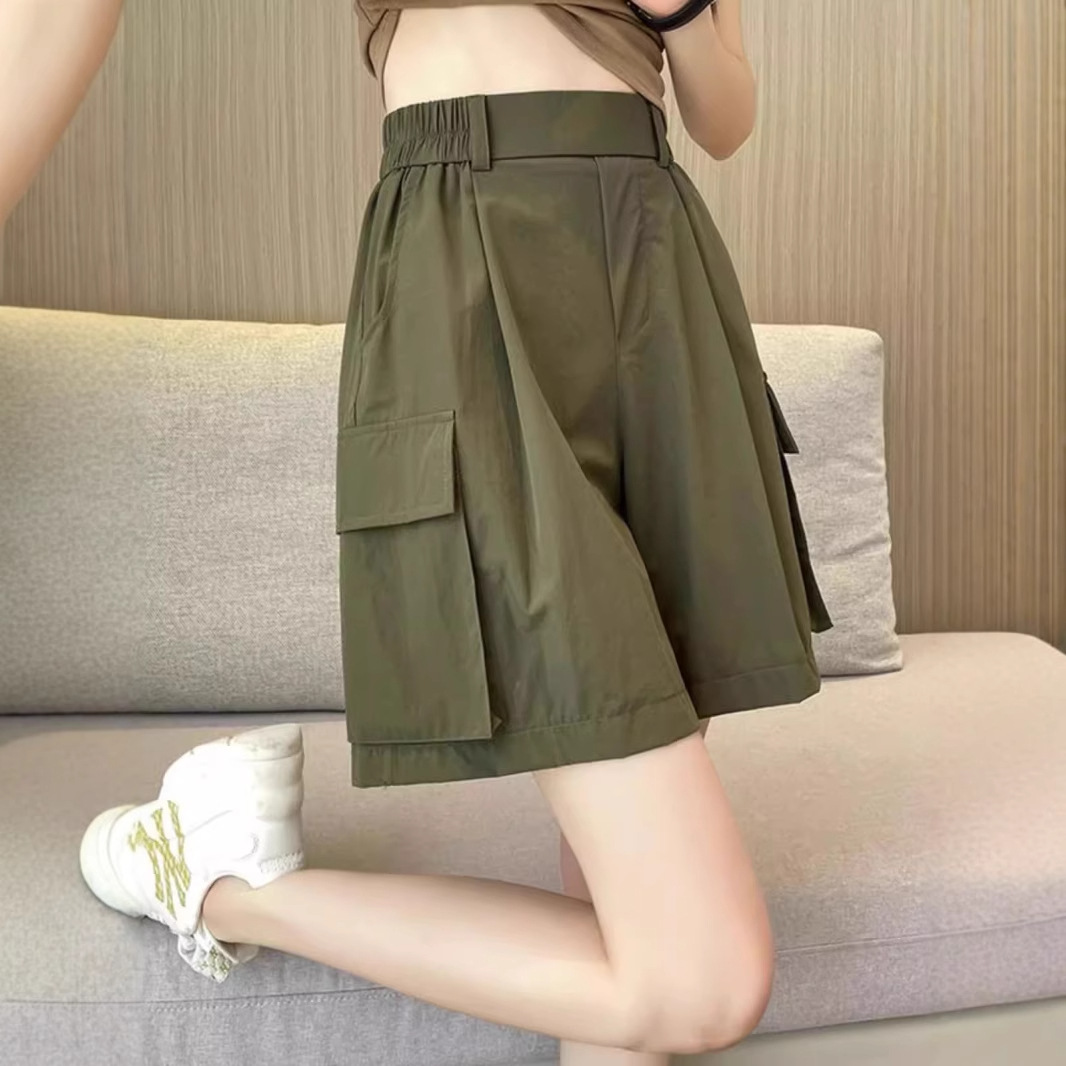 パンツセットアップ ポケット付きハイウエストショートパンツ