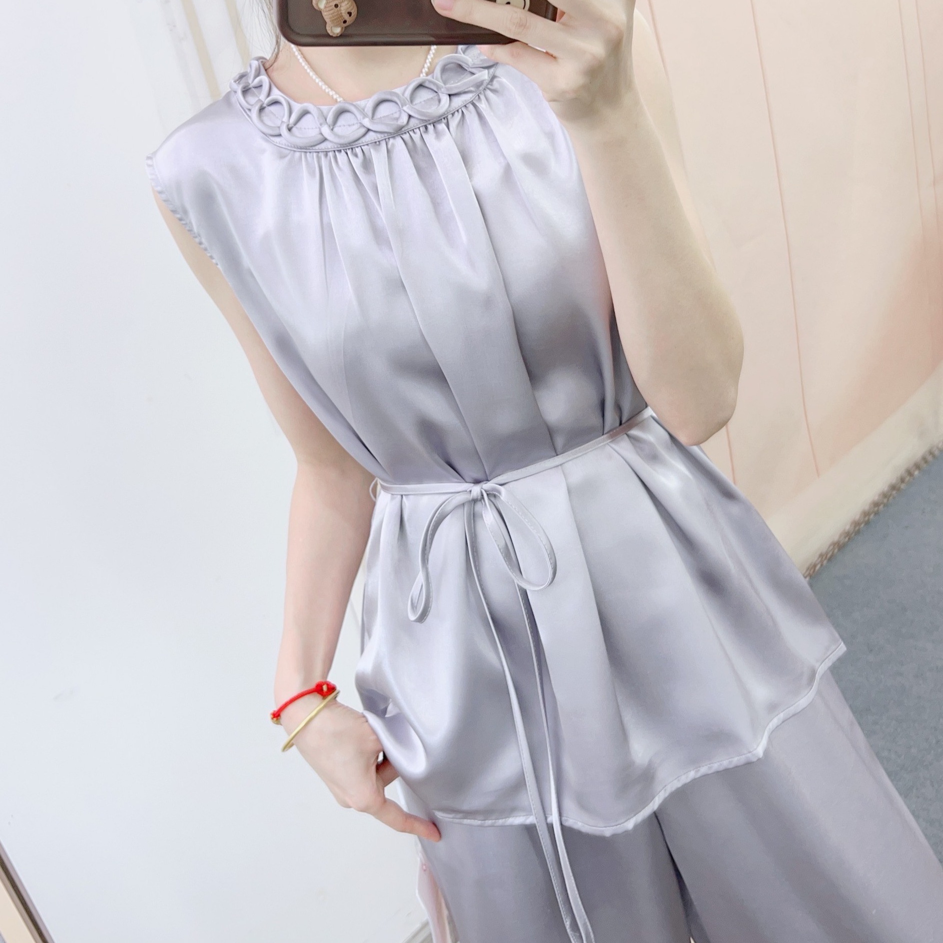 パンツセットアップ 絹風リングネックワイドセットアップ