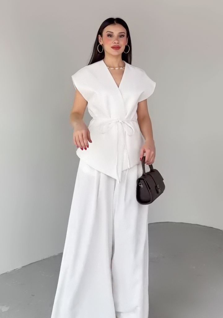 パンツセットアップ 優美リボン結びワイドパンツセット