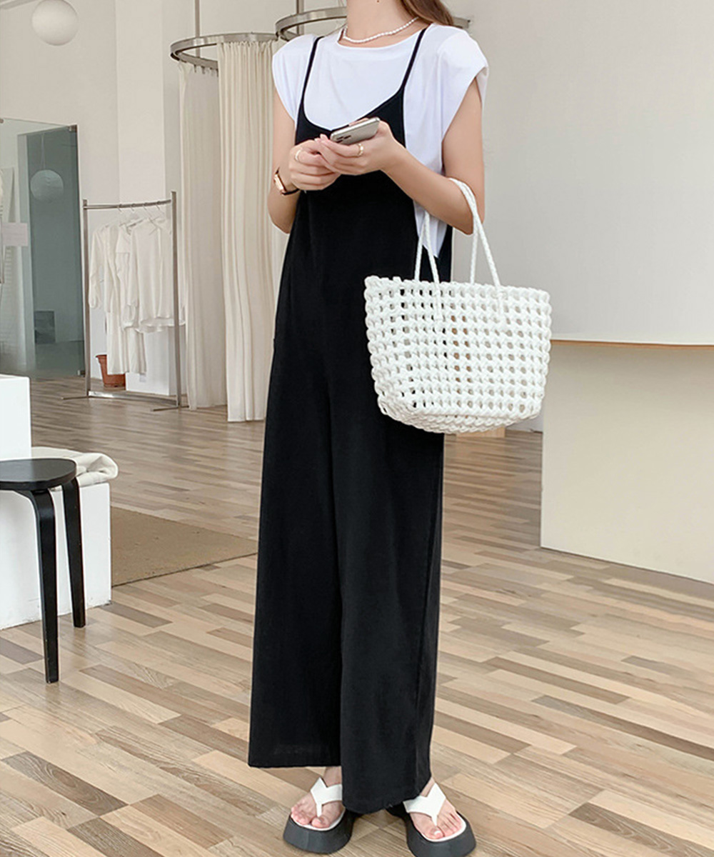 パンツセットアップ ワイドシルエット サロペットパンツ 体型カバー