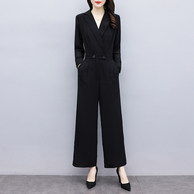 パンツセットアップ 二重ボタンテーラード襟長袖つなぎ風パンツスーツ