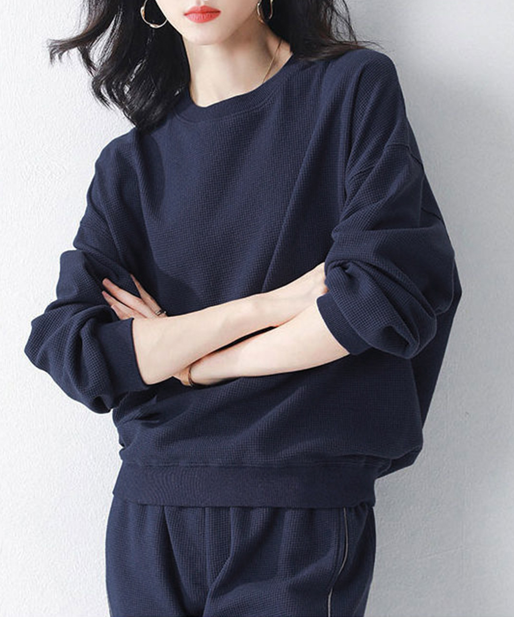 ワッフル編みワイドパンツセットアップ春秋長袖