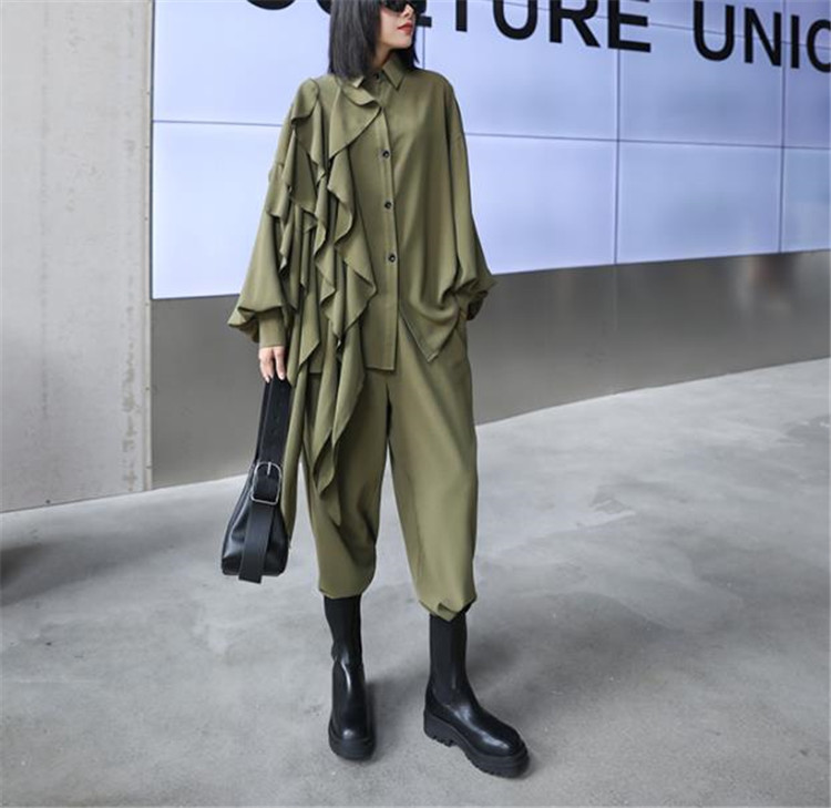 パンツセットアップ 上品復古風長袖ブラウスワイドパンツ女性用2点組